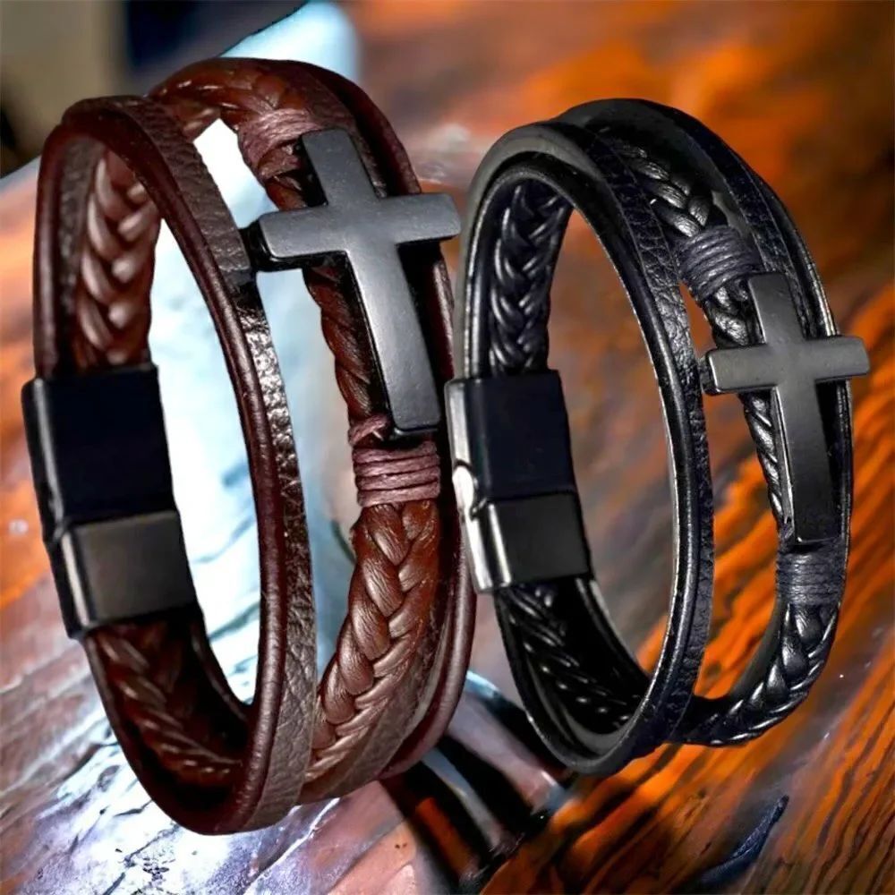 Men’s 5-strand l Leather Cross l Bracelet l Magnetic Closure l Brown/Black l New